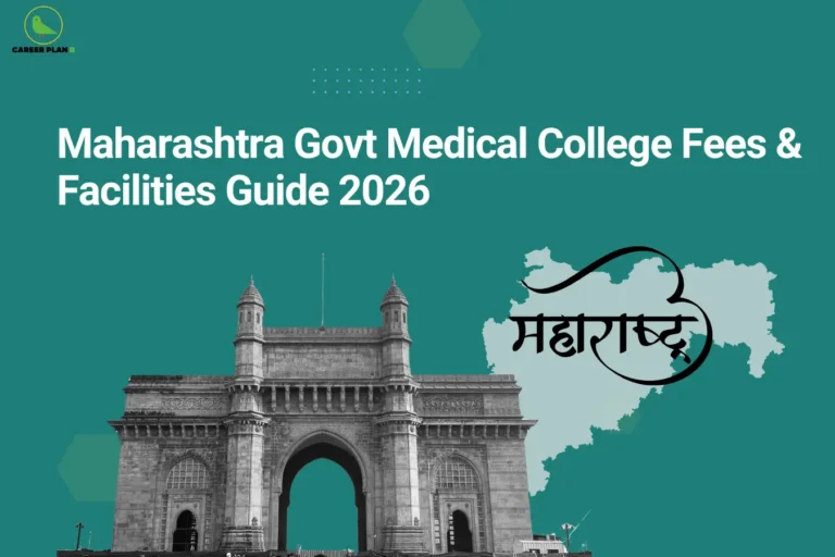 this image contains Career Plan B logo at top left and heading “Maharashtra Govt Medical College Fees & Facilities Guide 2026” on a teal background, with Gateway of India monument and Maharashtra state map labeled “महाराष्ट्र,” representing medical college fees, facilities, and state-level admission guidance