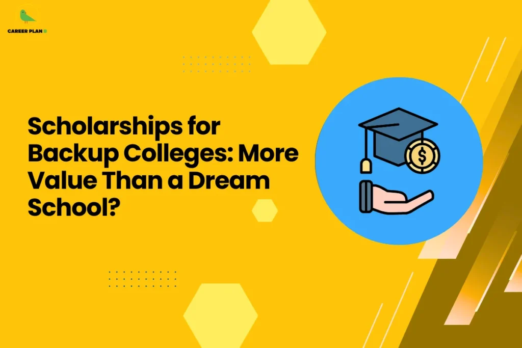 Career Plan B infographic titled "Scholarships for Backup Colleges: More Value Than a Dream School?" on a yellow background with a graduation cap icon.