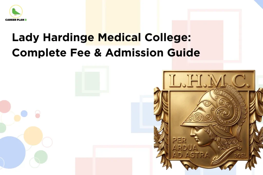 This image contains a light grey background with soft pastel geometric shapes like squares and circles scattered across it, giving a clean and modern look. In the top left corner, there is the “CAREER PLAN B” logo featuring a green bird inside a yellow circle with the text “CAREER PLAN B,” where “CAREER PLAN” is in black and “B” is in green. Across the upper-left to center area, bold black text reads “Lady Hardinge Medical College: Complete Fee & Admission Guide.” On the right side, there is a large golden emblem labeled “L.H.M.C.” featuring a detailed profile of a helmeted figure along with the motto “Per Ardua Ad Astra,” representing Lady Hardinge Medical College and emphasizing the guide’s focus on fees and admissions.