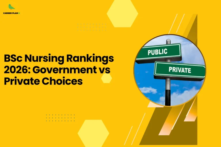Featured image from Career Plan B for a guide on government vs private BSc nursing colleges, featuring the green bird logo in the top left corner. The image uses a bright yellow background with the headline 'BSc Nursing Rankings 2026: Government vs Private Choices.' To the right, a circular graphic depicts a green directional sign pointing toward 'Public' and 'Private' options against a blue sky, illustrating the decision-making process for the best nursing education in India.