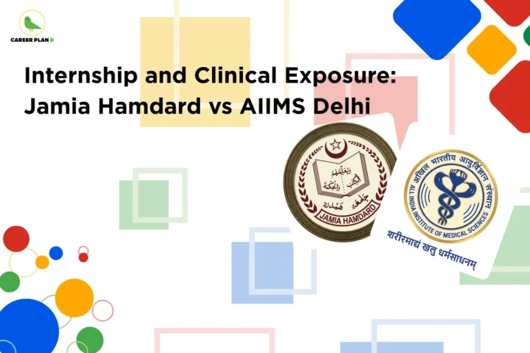 Educational banner showing “Internship and Clinical Exposure: Jamia Hamdard vs AIIMS Delhi” with institutional logos, comparing training quality, hands-on experience, and opportunities between Jamia Hamdard vs AIIMS Delhi for medical students.