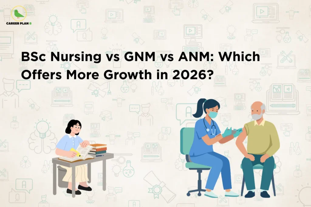 Educational banner titled “BSc Nursing vs GNM vs ANM: Which Offers More Growth in 2026?” showing a student studying and a nurse assisting a patient, comparing career scope and opportunities in ANM vs GNM vs BSc Nursing programs.