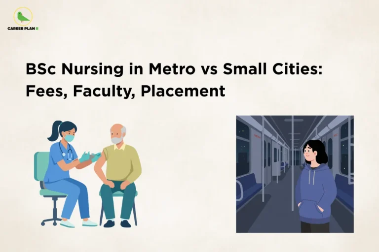 Banner titled “BSc Nursing in Metro vs Small Cities: Fees, Faculty, Placement” showing a nurse treating a patient and a student in a metro train, illustrating differences in education quality, exposure, and opportunities in BSc Nursing across urban and smaller city settings.