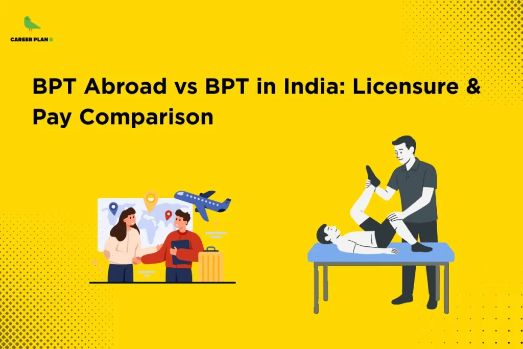 Yellow banner titled “BPT Abroad vs BPT in India: Licensure & Pay Comparison” showing a student planning overseas study and a physiotherapist treating a patient, comparing career scope, licensing, and salary differences in BPT abroad vs India.