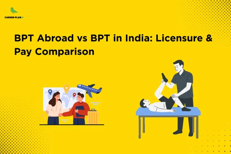 Yellow banner titled “BPT Abroad vs BPT in India: Licensure & Pay Comparison” showing a student planning overseas study and a physiotherapist treating a patient, comparing career scope, licensing, and salary differences in BPT abroad vs India.