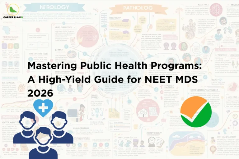 This image contains a light infographic-style background filled with colorful medical diagrams, charts, and illustrated icons related to anatomy, pathology, and neurology, the Career Plan B logo with a green bird icon and the text “CAREER PLAN B” in the top left corner, a large bold black headline in the center reading “Mastering Public Health Programs: A High-Yield Guide for NEET MDS 2026”, a small illustrated graphic of three healthcare professionals with a medical cross symbol above them positioned toward the lower left side, and a large circular green and orange checkmark-style graphic symbol positioned toward the lower right side of the image.