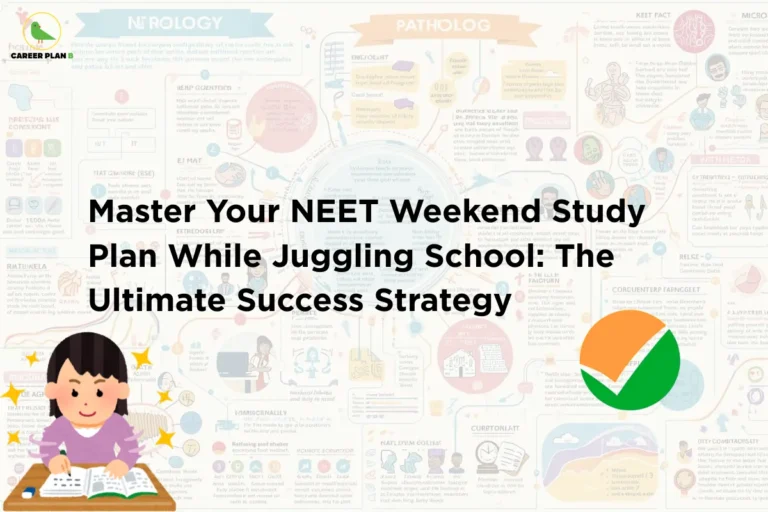 This image contains a light infographic-style background filled with colorful medical diagrams, charts, and illustrated icons related to anatomy, pathology, and neurology, the Career Plan B logo with a green bird icon and the text “CAREER PLAN B” in the top left corner, a large bold black headline in the center reading “Master Your NEET Weekend Study Plan While Juggling School: The Ultimate Success Strategy”, a small illustrated graphic of a student studying at a desk with an open book and sparkles around them positioned toward the lower left side, and a large circular green and orange checkmark-style graphic symbol positioned toward the lower right side of the image.