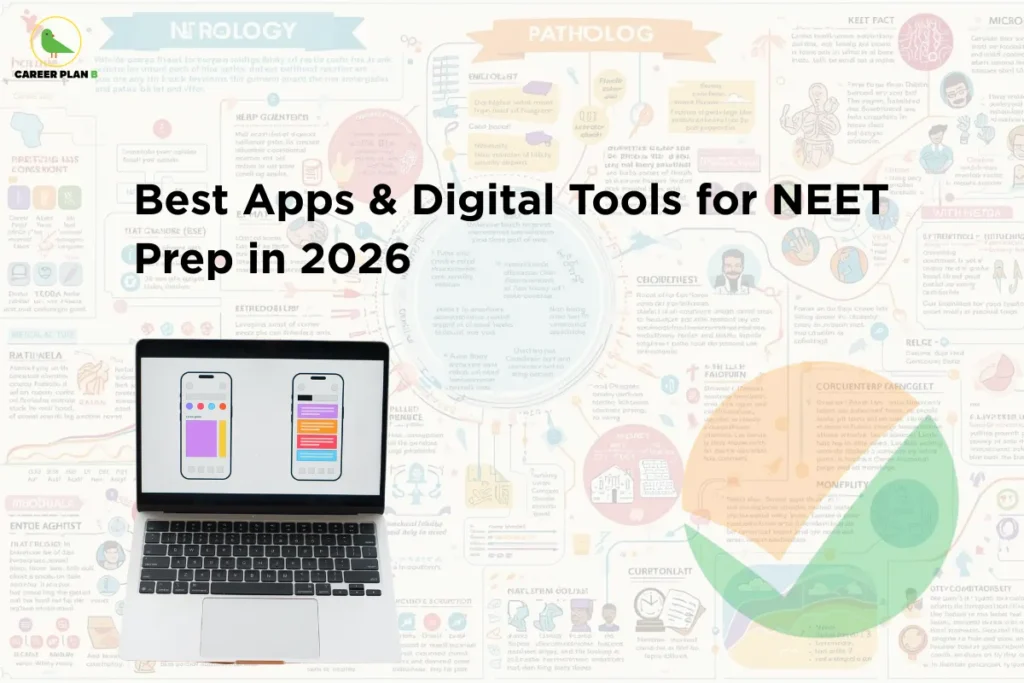 This image contains a light infographic-style background filled with colorful medical diagrams, charts, and illustrated icons related to anatomy, pathology, and neurology, the Career Plan B logo with a green bird icon and the text “CAREER PLAN B” in the top left corner, a large bold black headline in the center reading “Best Apps & Digital Tools for NEET Prep in 2026”, an image of a laptop placed toward the lower left side displaying two smartphone app interface screens on its display, and a large circular green and orange checkmark-style graphic symbol positioned toward the lower right side of the image.