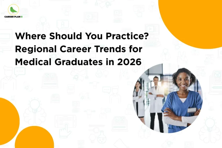 This image contains a light grey background with faint outline icons related to education, technology, and healthcare, the Career Plan B logo with a green bird icon and the text “CAREER PLAN B” in the top left corner, a large bold black headline on the left reading “Where Should You Practice? Regional Career Trends for Medical Graduates in 2026”, orange circular design elements placed in the corners of the layout, and a circular image on the right side showing a smiling healthcare professional wearing blue scrubs standing with arms crossed while other medical staff in white coats stand blurred in the background inside a hospital corridor.