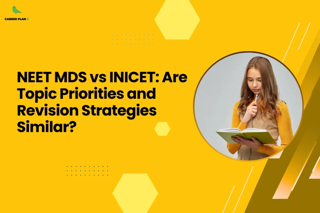 This image contains a bright yellow background with hexagon shapes, dotted decorative elements, and angled graphic accents on the right side, the Career Plan B logo with a green bird icon and the text “CAREER PLAN B” in the top left corner, a large bold black headline on the left reading “NEET MDS vs INICET: Are Topic Priorities and Revision Strategies Similar?”, and a circular image on the right side showing a student with long hair wearing a yellow sweater holding a notebook and pen while looking down and reading.