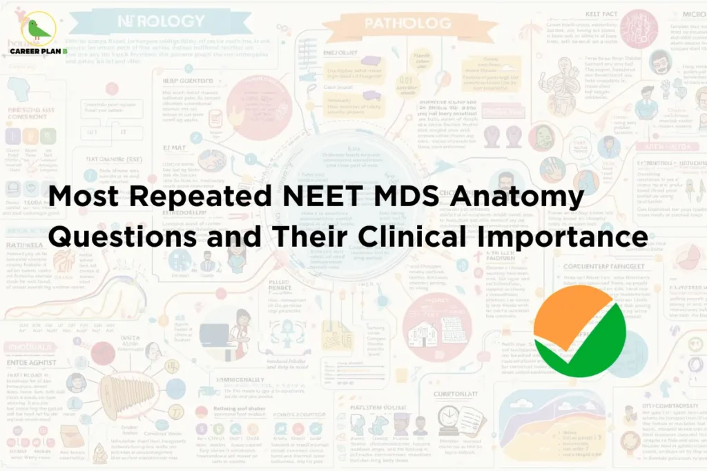 This image contains a light infographic-style background filled with colorful medical diagrams, charts, and illustrated icons related to anatomy, pathology, and neurology, the Career Plan B logo with a green bird icon and the text “CAREER PLAN B” in the top left corner, a large bold black headline in the center reading “Most Repeated NEET MDS Anatomy Questions and Their Clinical Importance”, and a large circular green and orange checkmark-style graphic symbol positioned toward the lower right side of the image.