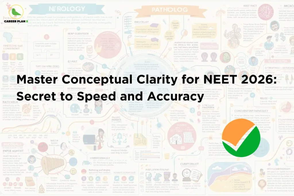 This image contains a light infographic-style background filled with colorful medical diagrams, charts, and illustrated icons related to anatomy, pathology, and neurology, the Career Plan B logo with a green bird icon and the text “CAREER PLAN B” in the top left corner, a large bold black headline in the center reading “Master Conceptual Clarity for NEET 2026: Secret to Speed and Accuracy”, and a large circular green and orange checkmark-style graphic symbol positioned toward the lower right side of the image.