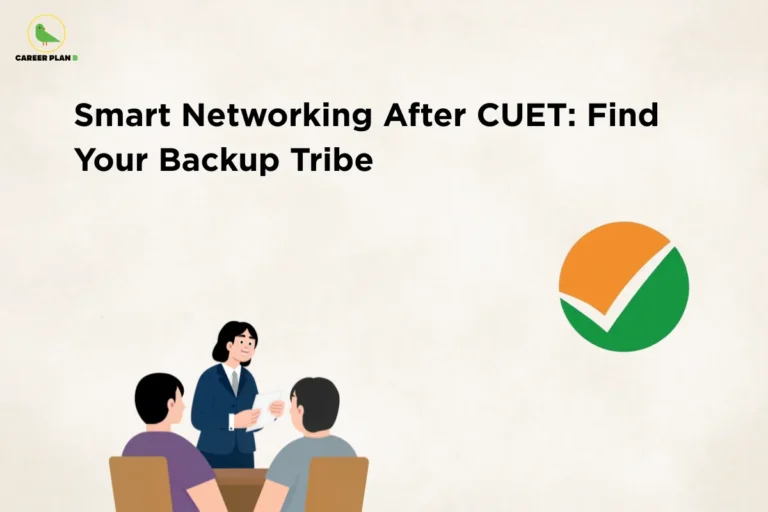 this image contains a minimal white educational banner with the Career Plan B logo at the top left and the text “Smart Networking After CUET: Find Your Backup Tribe,” alongside an illustration of three people in discussion and a green-orange checkmark icon, representing networking, peer support, and career guidance after CUET.