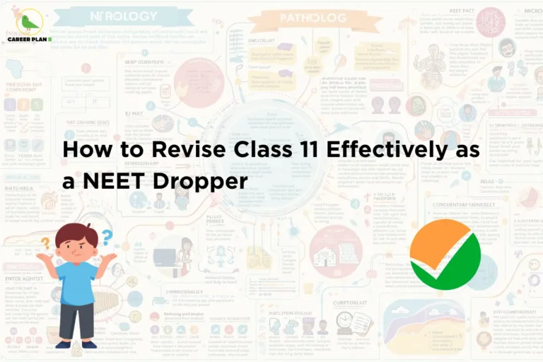 This image contains a light infographic-style background filled with colorful medical diagrams, charts, and illustrated icons related to anatomy, pathology, and neurology, the Career Plan B logo with a green bird icon and the text “CAREER PLAN B” in the top left corner, a large bold black headline in the center reading “How to Revise Class 11 Effectively as a NEET Dropper”, a small illustrated character of a confused student with question marks near the bottom left side, and a large circular green and orange checkmark-style graphic symbol positioned toward the lower right side of the image.