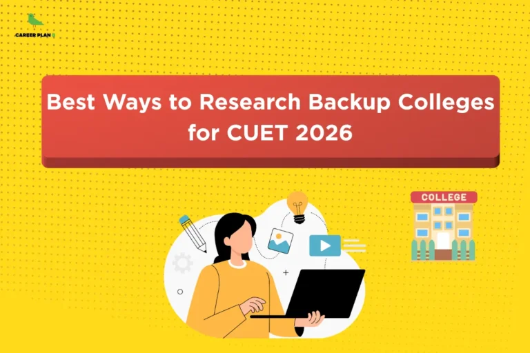 this image contains a yellow educational banner with the Career Plan B logo at the top left and the text “Best Ways to Research Backup Colleges for CUET 2026” in a red box, alongside an illustration of a student using a laptop with icons of a light bulb, pencil, and media, and a building labeled “COLLEGE,” representing college research and backup planning for CUET 2026 admissions.