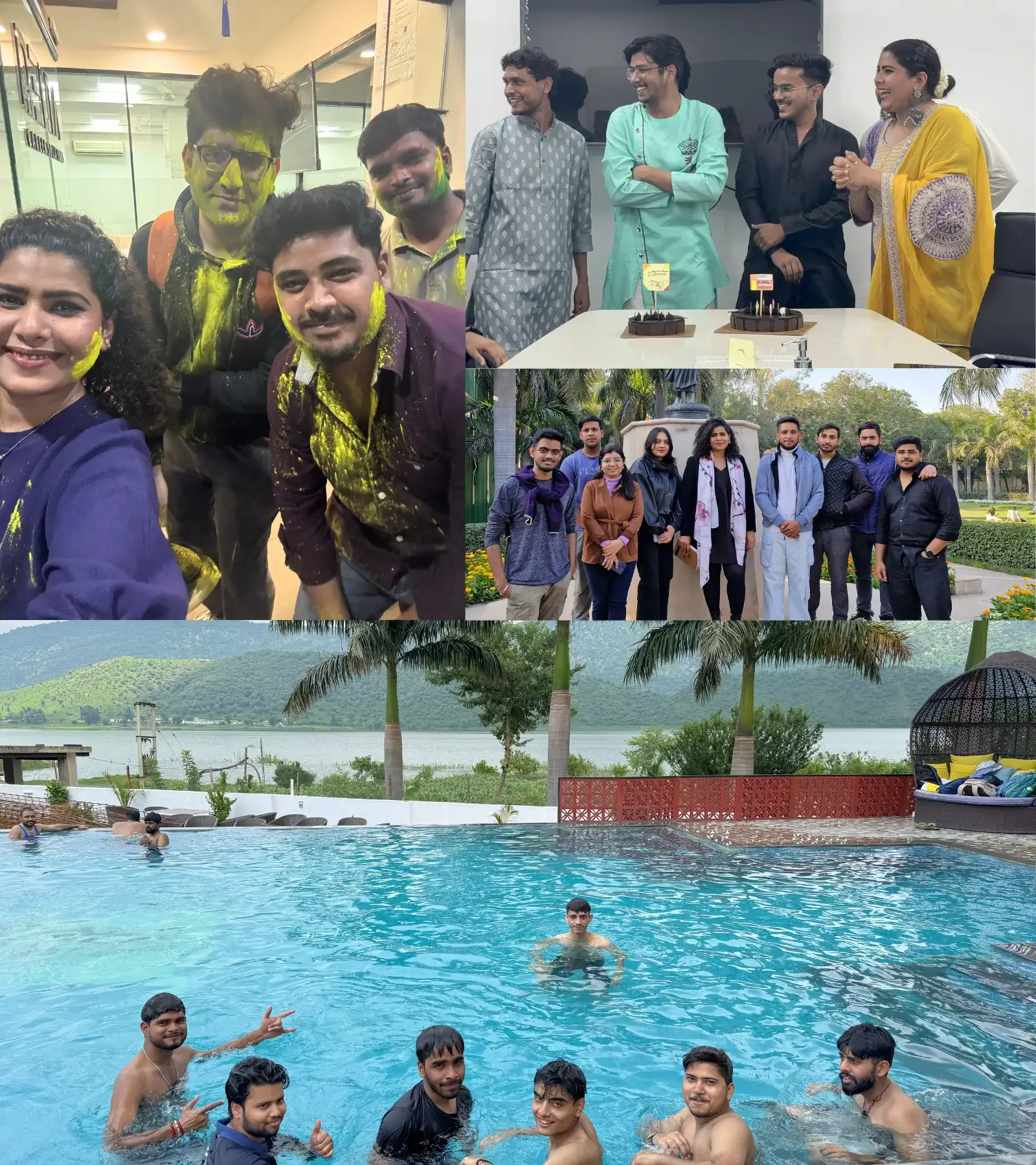 Team collaborationCollage of Career Plan B team outings featuring Holi celebrations, birthday cake cutting, and group swimming at a resort.