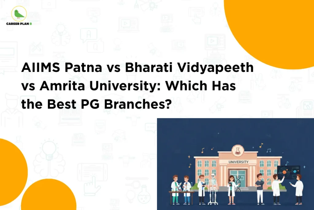 This image contains a light grey background with faint education and science-related icons. In the top left corner, there is the “CAREER PLAN B” logo featuring a green bird inside a yellow circle with black text and a green “B.” Across the upper-middle section, bold black text reads “AIIMS Patna vs Bharati Vidyapeeth vs Amrita University: Which Has the Best PG Branches?”. On the right side, there is an illustration of a university building with students and medical/science elements like a skeleton model and DNA, representing higher education and medical studies. Yellow circular design elements are placed in the corners, adding a clean and modern visual style.