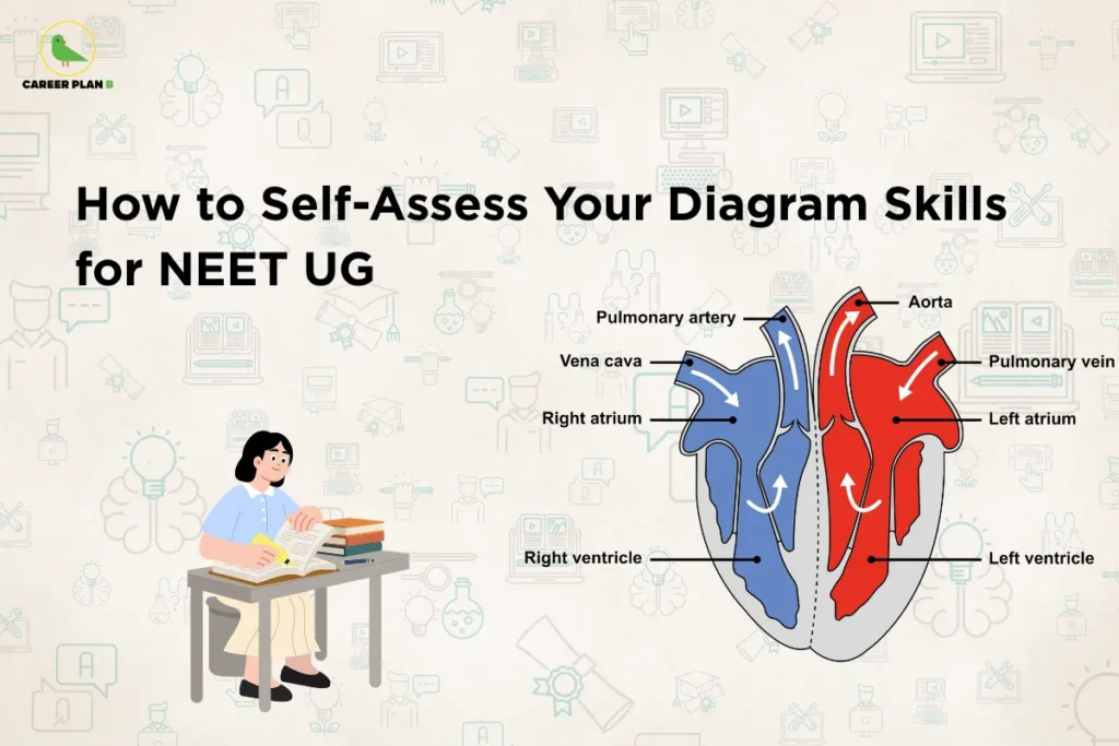 This image contains a light grey background with faint science and education-related icons. In the top left corner, there is the “CAREER PLAN B” logo featuring a green bird inside a yellow circle with black text and a green “B.” Across the upper-middle section, bold black text reads “How to Self-Assess Your Diagram Skills for NEET UG.” On the left side, there is an illustration of a student sitting at a desk reading books, representing study and preparation. On the right side, there is a detailed labeled diagram of the human heart showing parts like the aorta, pulmonary artery, vena cava, atria, and ventricles, emphasizing biology diagram practice.