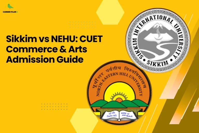 This image contains a bright yellow background with geometric shapes and subtle dotted design elements. In the top left corner, there is the “CAREER PLAN B” logo featuring a green bird inside a yellow circle with black text and a green “B.” Across the left side, bold black text reads “Sikkim vs NEHU: CUET Commerce & Arts Admission Guide.” On the right side, there are two university logos: Sikkim International University with a circular emblem featuring mountains and a flowing path, and North-Eastern Hill University (NEHU) with a circular emblem showing hills, a rising sun, and an open book, representing a comparison of admissions for commerce and arts programs.