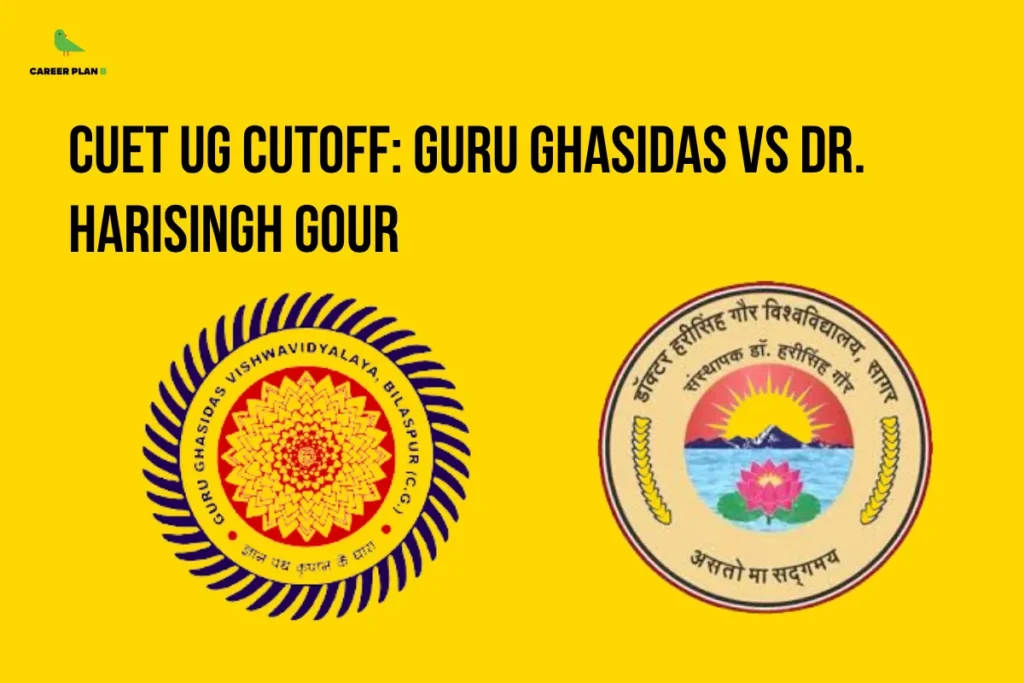 This image contains a bright yellow background with a clean and minimal design. In the top left corner, there is the “CAREER PLAN B” logo featuring a green bird inside a yellow circle with black text and a green “B.” Across the upper-middle section, bold black text reads “CUET UG CUTOFF: GURU GHASIDAS VS DR. HARISINGH GOUR.” Below the text, there are two university logos: Guru Ghasidas Vishwavidyalaya on the left with a circular emblem featuring a detailed geometric pattern, and Dr. Harisingh Gour University on the right with a circular emblem showing a rising sun, water, and a lotus, representing a comparison of CUET UG cutoffs between the two universities.