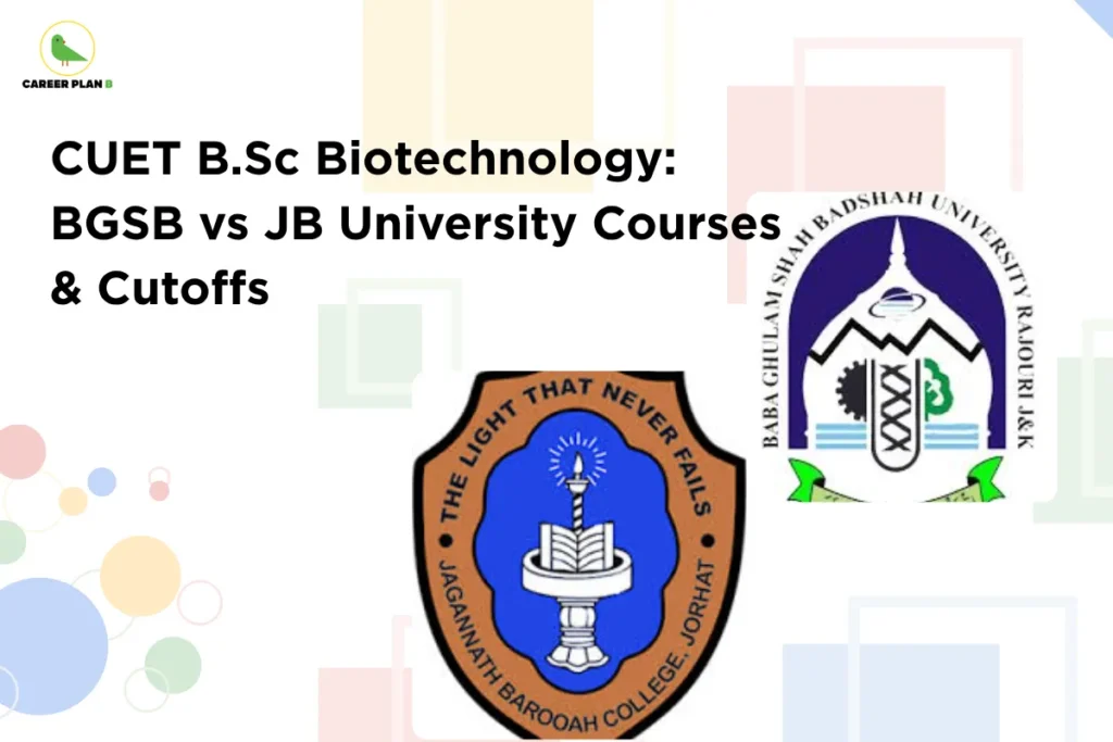 This image contains a light grey background with soft pastel square shapes scattered across it, giving a clean and minimal look. In the top left corner, there is the “CAREER PLAN B” logo featuring a green bird inside a yellow circle with the text “CAREER PLAN B,” where “CAREER PLAN” is in black and “B” is in green. Across the upper-middle section, bold black text reads “CUET B.Sc Biotechnology: BGSB vs JB University Courses & Cutoffs.” Below the text, two university logos are displayed: on the left is the Jagannath Barooah College emblem with a shield design featuring a lamp and book along with the text “The Light That Never Fails,” and on the right is the Baba Ghulam Shah Badshah University logo with a circular emblem featuring scientific symbols and architectural elements, representing a comparison of biotechnology courses and cutoffs between the two institutions.