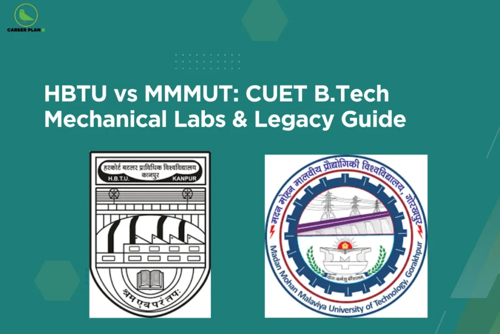 This image contains a teal-green background with subtle geometric shapes and dotted patterns for a modern look. In the top left corner, there is the “CAREER PLAN B” logo featuring a green bird inside a yellow circle with the text “CAREER PLAN B,” where “CAREER PLAN” is in black and “B” is in green. Across the center, bold white text reads “HBTU vs MMMUT: CUET B.Tech Mechanical Labs & Legacy Guide.” Below the text, two institutional logos are displayed: on the left is the HBTU (Harcourt Butler Technical University) emblem in a shield style featuring industrial elements and a book, and on the right is the MMMUT (Madan Mohan Malaviya University of Technology) logo with a circular gear design, power lines, and academic symbols, representing a comparison of mechanical engineering labs and institutional legacy between the two universities.