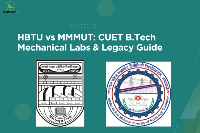 This image contains a teal-green background with subtle geometric shapes and dotted patterns for a modern look. In the top left corner, there is the “CAREER PLAN B” logo featuring a green bird inside a yellow circle with the text “CAREER PLAN B,” where “CAREER PLAN” is in black and “B” is in green. Across the center, bold white text reads “HBTU vs MMMUT: CUET B.Tech Mechanical Labs & Legacy Guide.” Below the text, two institutional logos are displayed: on the left is the HBTU (Harcourt Butler Technical University) emblem in a shield style featuring industrial elements and a book, and on the right is the MMMUT (Madan Mohan Malaviya University of Technology) logo with a circular gear design, power lines, and academic symbols, representing a comparison of mechanical engineering labs and institutional legacy between the two universities.