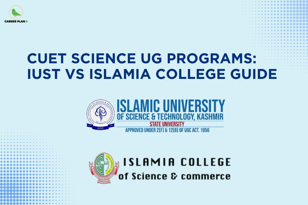 Banner titled “CUET Science UG Programs: IUST vs Islamia College Guide” featuring logos of Islamic University of Science and Technology (IUST) and Islamia College of Science & Commerce, comparing undergraduate science programs, eligibility, and admission options through CUET.