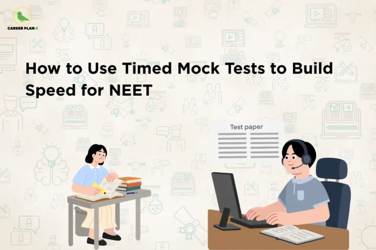 Career Plan B infographic titled "How to Use Timed Mock Tests to Build Speed for NEET" featuring students studying and taking an online test.