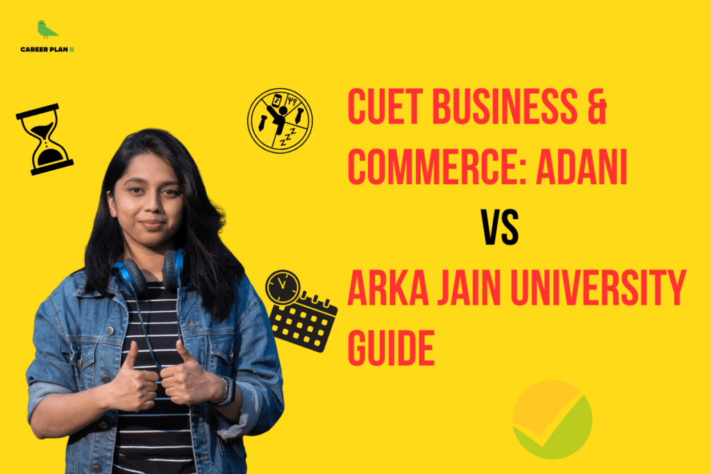 Student giving thumbs up with CUET Business and Commerce Adani vs Arka Jain University guide text, highlighting college comparison for commerce courses and admission.