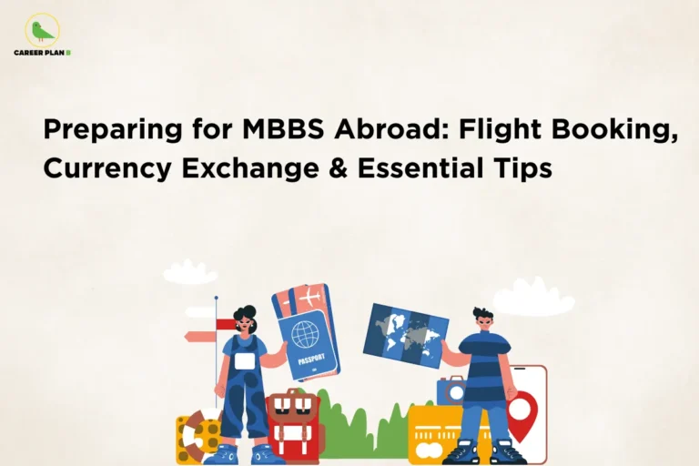 This image contains a light beige background with a clean minimal design and a headline related to studying MBBS abroad. In the top left corner there is a small logo featuring a stylized green bird inside a thin yellow circular outline with the text “CAREER PLAN B” beside it, where “CAREER PLAN” is written in black and the letter “B” appears in green. Centered across the upper portion of the image there is bold black text that reads “Preparing for MBBS Abroad: Flight Booking, Currency Exchange & Essential Tips.” In the lower section of the image there are colorful cartoon-style illustrations depicting travel and study abroad elements, including on the left a girl wearing a blue outfit standing beside a suitcase, a life preserver, and a directional signpost, holding a passport with a visible globe icon and the word “PASSPORT” on it. In the center there are green bushes and travel-related items such as luggage and accessories. On the right side there is a boy holding a folded world map, standing next to a large location pin icon and a camera, symbolizing travel planning and navigation. Light cloud shapes appear in the background above the characters, adding a soft visual touch, while the overall layout emphasizes preparation for international education through travel-related visuals and icons.