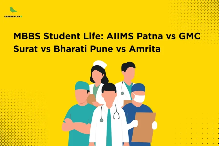 This image contains a bright yellow background with subtle dotted patterns and design accents, giving it a clean and modern look. In the top left corner, there is the “CAREER PLAN B” logo featuring a green bird inside a yellow circle with the text “CAREER PLAN B,” where “CAREER PLAN” is in black and “B” is in green. Across the upper-middle section, bold black text reads “MBBS Student Life: AIIMS Patna vs GMC Surat vs Bharati Pune vs Amrita.” Below the text, there is an illustration of a group of healthcare professionals, including doctors and nurses wearing medical attire, stethoscopes, and surgical caps, representing student life and experiences across different medical colleges.