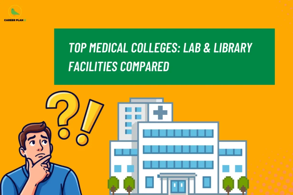 This image contains a bright orange background with a clean and modern layout. In the top left corner, there is the “CAREER PLAN B” logo featuring a green bird inside a yellow circle with the text “CAREER PLAN B,” where “CAREER PLAN” is in black and “B” is in green. In the upper center, a green rectangular banner displays bold white text reading “TOP MEDICAL COLLEGES: LAB & LIBRARY FACILITIES COMPARED.” On the left side, there is an illustration of a confused person with a question mark and exclamation mark above their head. On the right side, there is a large illustration of a hospital building with multiple floors, windows, and a medical cross symbol, representing a comparison of lab and library facilities across top medical colleges.