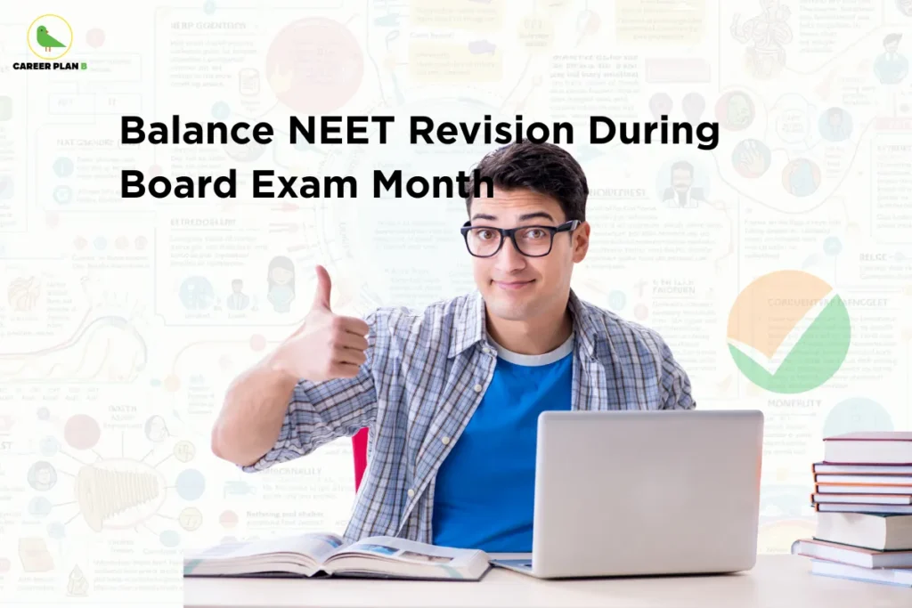 This image contains a light background with faint infographic-style illustrations, giving it a clean and informative appearance. In the top left corner, there is the “CAREER PLAN B” logo featuring a green bird inside a yellow circle with the text “CAREER PLAN B,” where “CAREER PLAN” is in black and “B” is in green. Across the upper-left section, bold black text reads “Balance NEET Revision During Board Exam Month.” On the right side, a student wearing glasses is shown sitting at a desk with a laptop and open book, giving a thumbs-up gesture, along with a stack of books and a checkmark graphic, indicating guidance on managing NEET revision alongside board exams.