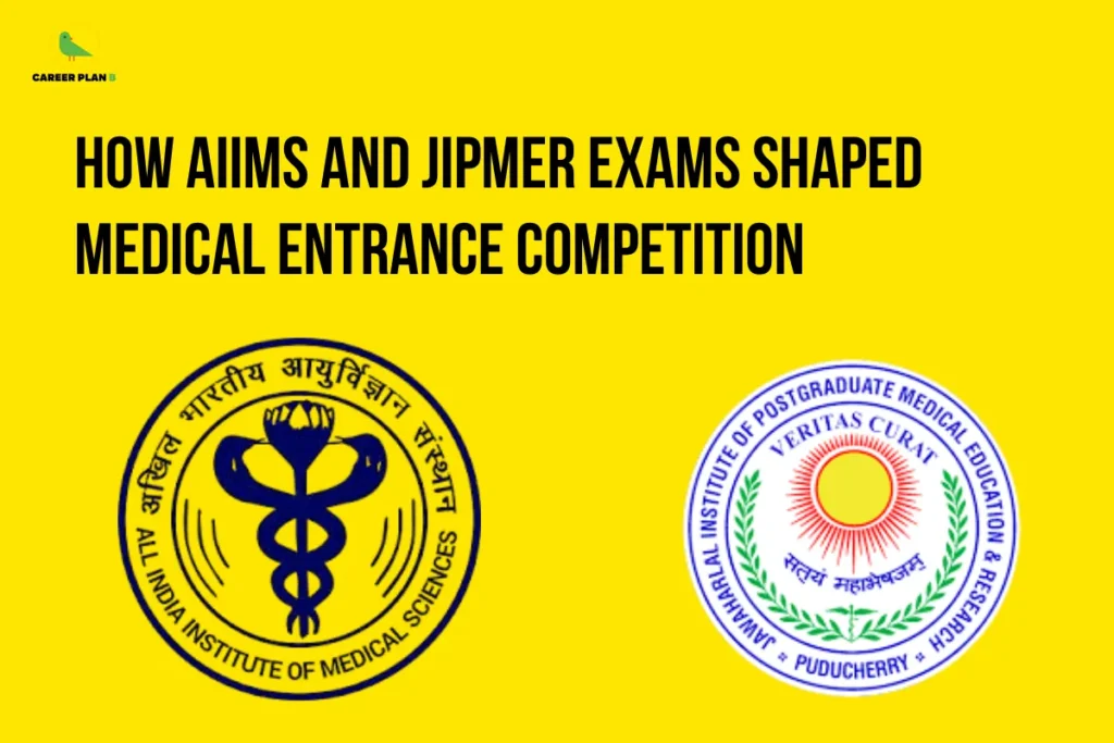 This image contains a bright yellow background with a bold and minimal design, giving it a striking and attention-grabbing appearance. In the top left corner, there is the “CAREER PLAN B” logo featuring a green bird inside a yellow circle with the text “CAREER PLAN B,” where “CAREER PLAN” is in black and “B” is in green. Across the upper-left section, bold black text reads “HOW AIIMS AND JIPMER EXAMS SHAPED MEDICAL ENTRANCE COMPETITION.” On the right side, two institutional logos are displayed: one is the AIIMS emblem featuring a circular design with a medical symbol, and the other is the JIPMER emblem with a sunburst and laurel design, indicating the historical impact of these exams on medical entrance competition.