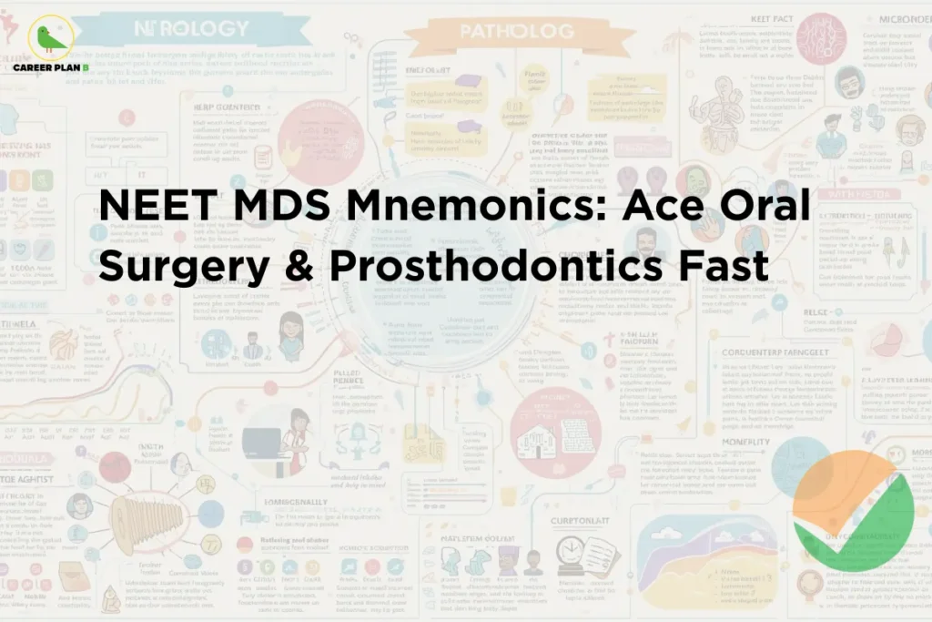 This image contains a light infographic-style background filled with colorful medical diagrams, charts, icons, and illustrated elements spread across the entire frame, including labeled sections such as “NEUROLOGY” and “PATHOLOGY” at the top along with various anatomical sketches, graphs, and educational visuals. In the top left corner there is a small logo featuring a stylized green bird inside a thin yellow circular outline with the text “CAREER PLAN B” beside it, where “CAREER PLAN” is written in black and the letter “B” appears in green. Centered prominently across the middle of the image there is bold black headline text that reads “NEET MDS Mnemonics: Ace Oral Surgery & Prosthodontics Fast.” In the bottom right corner there is a circular checkmark icon composed of orange and green segments with a white checkmark across it. The overall layout combines a detailed medical infographic background with a clear central title, emphasizing learning and memorization techniques for dental postgraduate entrance preparation.