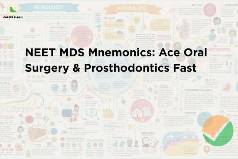 This image contains a light infographic-style background filled with colorful medical diagrams, charts, icons, and illustrated elements spread across the entire frame, including labeled sections such as “NEUROLOGY” and “PATHOLOGY” at the top along with various anatomical sketches, graphs, and educational visuals. In the top left corner there is a small logo featuring a stylized green bird inside a thin yellow circular outline with the text “CAREER PLAN B” beside it, where “CAREER PLAN” is written in black and the letter “B” appears in green. Centered prominently across the middle of the image there is bold black headline text that reads “NEET MDS Mnemonics: Ace Oral Surgery & Prosthodontics Fast.” In the bottom right corner there is a circular checkmark icon composed of orange and green segments with a white checkmark across it. The overall layout combines a detailed medical infographic background with a clear central title, emphasizing learning and memorization techniques for dental postgraduate entrance preparation.