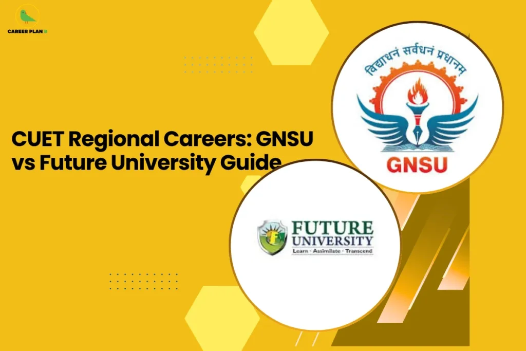 This image contains a bright yellow background with geometric shapes and dotted accents, giving it a bold and modern appearance. In the top left corner, there is the “CAREER PLAN B” logo featuring a green bird inside a yellow circle with the text “CAREER PLAN B,” where “CAREER PLAN” is in black and “B” is in green. Across the left section, bold black text reads “CUET Regional Careers: GNSU vs Future University Guide.” On the right side, two circular frames display university logos: one shows the GNSU emblem with a torch and wings, and the other shows the Future University logo with a shield and text, indicating a comparison of regional career opportunities through CUET.