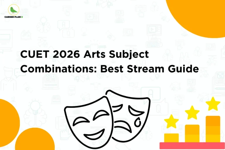 This image contains a light grey background with subtle educational-themed icons, giving it a clean and minimal appearance. In the top left corner, there is the “CAREER PLAN B” logo featuring a green bird inside a yellow circle with the text “CAREER PLAN B,” where “CAREER PLAN” is in black and “B” is in green. Across the center-left section, bold black text reads “CUET 2026 Arts Subject Combinations: Best Stream Guide.” On the lower section, visual elements such as theatre masks and a rising bar graph with stars are shown, indicating creativity, performance, and career growth through arts stream subject choices.