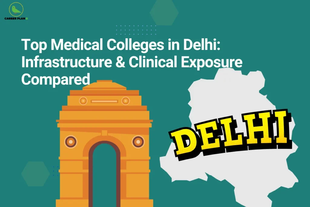 this image contains Career Plan B logo at top left and heading “Top Medical Colleges in Delhi: Infrastructure & Clinical Exposure Compared” on a teal background, with illustration of India Gate and a Delhi map labeled “DELHI,” representing comparison of medical colleges, facilities, and clinical training in Delhi