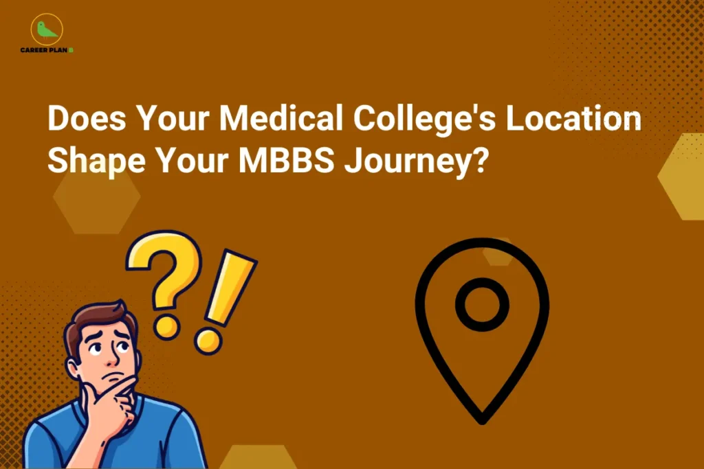 this image contains Career Plan B logo at top left and heading “Does Your Medical College's Location Shape Your MBBS Journey?” on a brown background, with illustration of a confused student with question and exclamation marks and a location pin icon, representing decision-making about medical college location and MBBS career path