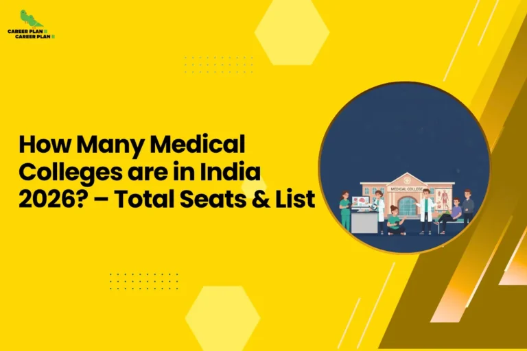 this image contains Career Plan B logo at top left and headline “How Many Medical Colleges are in India 2026? – Total Seats & List” on a yellow background, with a circular illustration of a medical college building and students with doctors, representing MBBS seats, college count, and admission overview in India