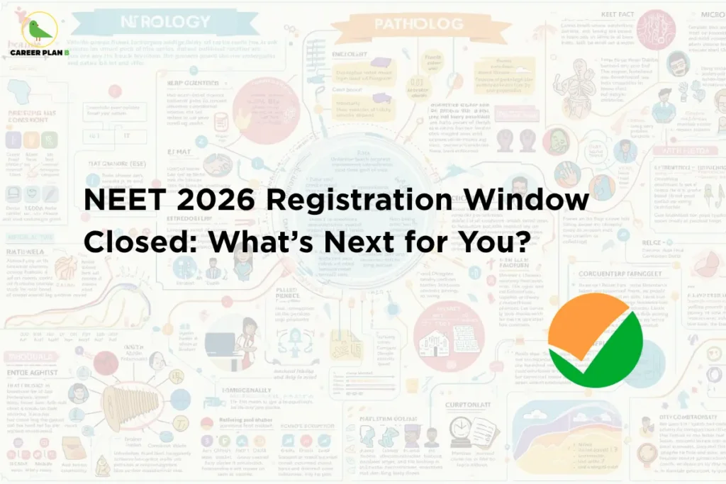 this image contains Career Plan B logo at top left and headline “NEET 2026 Registration Window Closed: What’s Next for You?” on a light infographic background with medical diagrams, charts, and icons, along with a green checkmark symbol, representing exam registration closure and next steps in NEET preparation and admission process