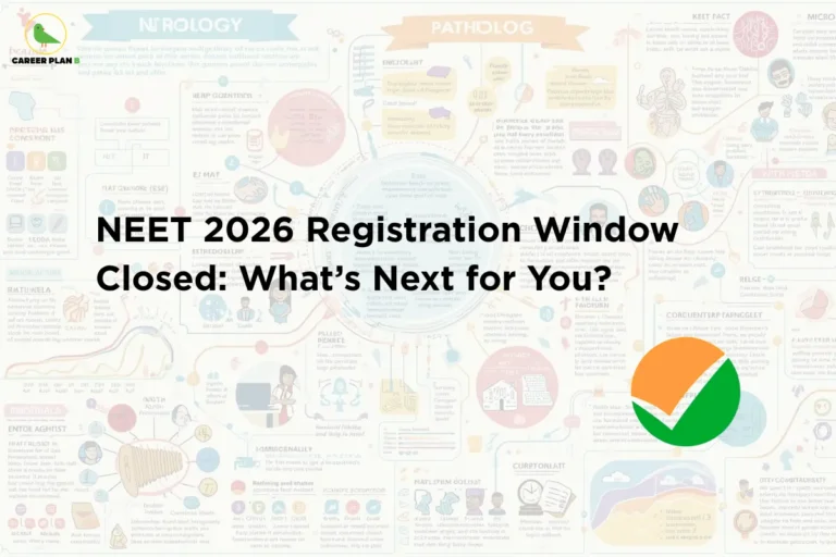this image contains Career Plan B logo at top left and headline “NEET 2026 Registration Window Closed: What’s Next for You?” on a light infographic background with medical diagrams, charts, and icons, along with a green checkmark symbol, representing exam registration closure and next steps in NEET preparation and admission process