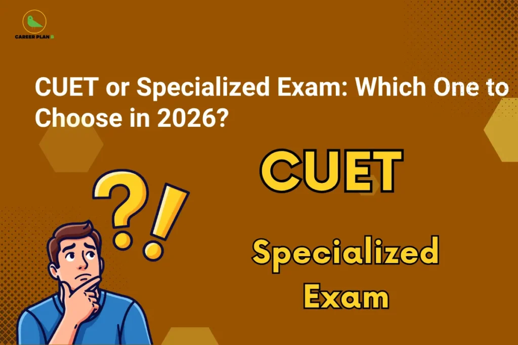 this image contains Career Plan B logo at top left and heading “CUET or Specialized Exam: Which One to Choose in 2026?” on a brown background, with illustration of a confused student with question and exclamation marks and text “CUET” and “Specialized Exam,” representing decision-making between entrance exam options and career pathways