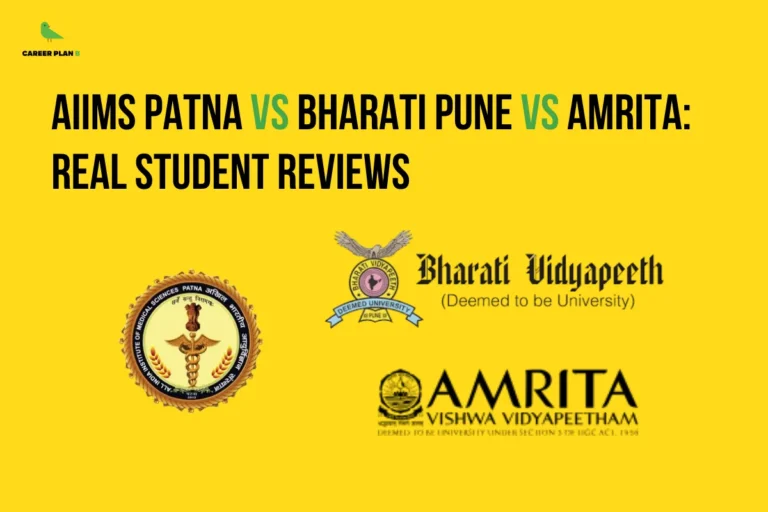 This image contains a bright yellow background with a bold comparison-style headline and university logos. In the top left corner there is a small logo featuring a stylized green bird inside a thin yellow circular outline with the text “CAREER PLAN B” beside it, where “CAREER PLAN” is written in black and the letter “B” appears in green. Across the upper center of the image there is large bold black text that reads “AIIMS PATNA VS BHARATI PUNE VS AMRITA: REAL STUDENT REVIEWS,” with the word “VS” highlighted in green. In the lower portion of the image there are three university logos arranged horizontally: on the left is the circular emblem of AIIMS Patna featuring a medical symbol with a staff and serpent inside a golden-bordered seal, in the center is the Bharati Vidyapeeth logo with a circular crest and the text “Bharati Vidyapeeth (Deemed to be University)” written beside it, and on the right is the Amrita Vishwa Vidyapeetham logo featuring its emblem and the text “AMRITA VISHWA VIDYAPEETHAM (Deemed to be University under Section 3 of UGC Act, 1956).” The layout emphasizes comparison by placing the headline at the top and the three institution logos clearly spaced below it.