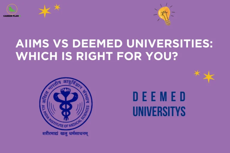 This image contains a purple background with playful decorative elements and a comparison-themed headline. In the top left corner there is a small logo featuring a stylized green bird inside a thin yellow circular outline with the text “CAREER PLAN B” beside it, where “CAREER PLAN” is written in black and the letter “B” appears in green. Across the upper center of the image there is large bold white text that reads “AIIMS VS DEEMED UNIVERSITIES: WHICH IS RIGHT FOR YOU?”. Around the headline there are decorative icons including yellow star shapes near the top left and right areas and a glowing light bulb illustration near the top right, symbolizing ideas and decision-making. In the lower left portion there is the circular blue emblem of AIIMS featuring a medical symbol with a staff and serpent along with surrounding text. On the right side there is bold blue text that reads “DEEMED UNIVERSITYS,” placed as a contrasting label. The overall layout visually represents a comparison between AIIMS and deemed universities using clear typography and symbolic elements.