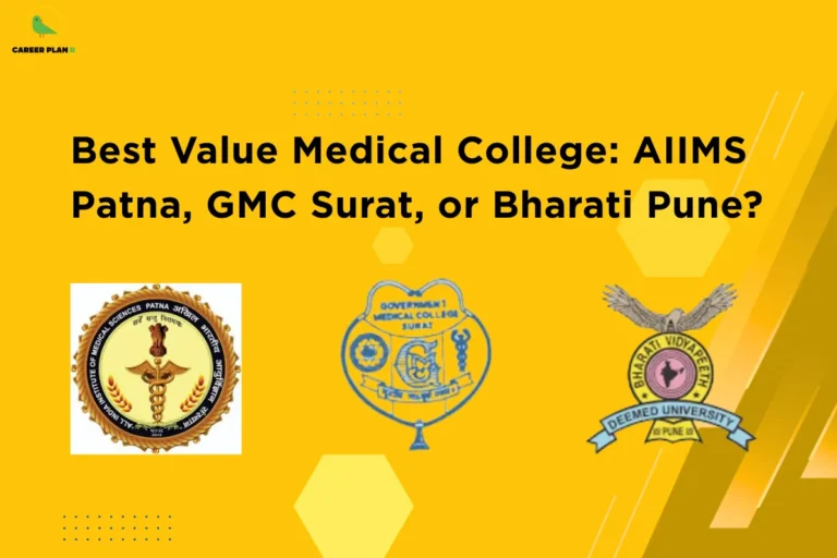 This image contains a bright yellow background with subtle geometric design elements including faint hexagon shapes and dotted patterns scattered across the center and lower left, along with diagonal translucent stripes on the right side. In the top left corner there is a small logo featuring a stylized green bird inside a thin yellow circular outline with the text “CAREER PLAN B” beside it, where “CAREER PLAN” is written in black and the letter “B” appears in green. Centered across the upper-middle portion is a bold black headline that reads “Best Value Medical College: AIIMS Patna, GMC Surat, or Bharati Pune?”. Below the headline, three institutional logos are arranged horizontally: on the left is the circular emblem of AIIMS Patna with a gold border and a central medical staff symbol, in the center is the Government Medical College Surat logo in blue featuring multiple medical and academic symbols within a shield-like design, and on the right is the Bharati Vidyapeeth logo with a crest topped by wings and a ribbon reading “DEEMED UNIVERSITY” along with “PUNE” below it. The composition emphasizes comparison among the three colleges with clear spacing and balanced placement of logos under the headline.