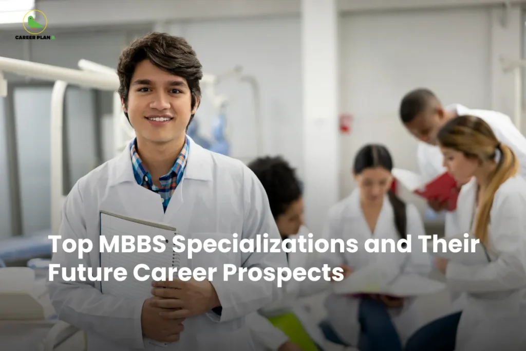 This image contains a medical setting with a soft blurred background and a prominent subject in the foreground. In the top left corner there is a small logo featuring a stylized green bird inside a thin yellow circular outline with the text “CAREER PLAN B” beside it, where “CAREER PLAN” is written in black and the letter “B” appears in green. In the center-left foreground, there is a young male medical student wearing a white lab coat over a checkered shirt, smiling and facing forward while holding a notebook or clipboard close to his chest. Behind him on the right side, slightly out of focus, there are three other individuals in white lab coats engaged in discussion and reading documents, with one person holding a red folder, suggesting a collaborative learning or clinical environment. The background includes medical equipment and a clean, clinical interior with light-colored walls and fixtures. Across the lower-middle portion of the image, large semi-transparent white text reads “Top MBBS Specializations and Their Future Career Prospects,” overlaying the scene without obstructing the main subject.