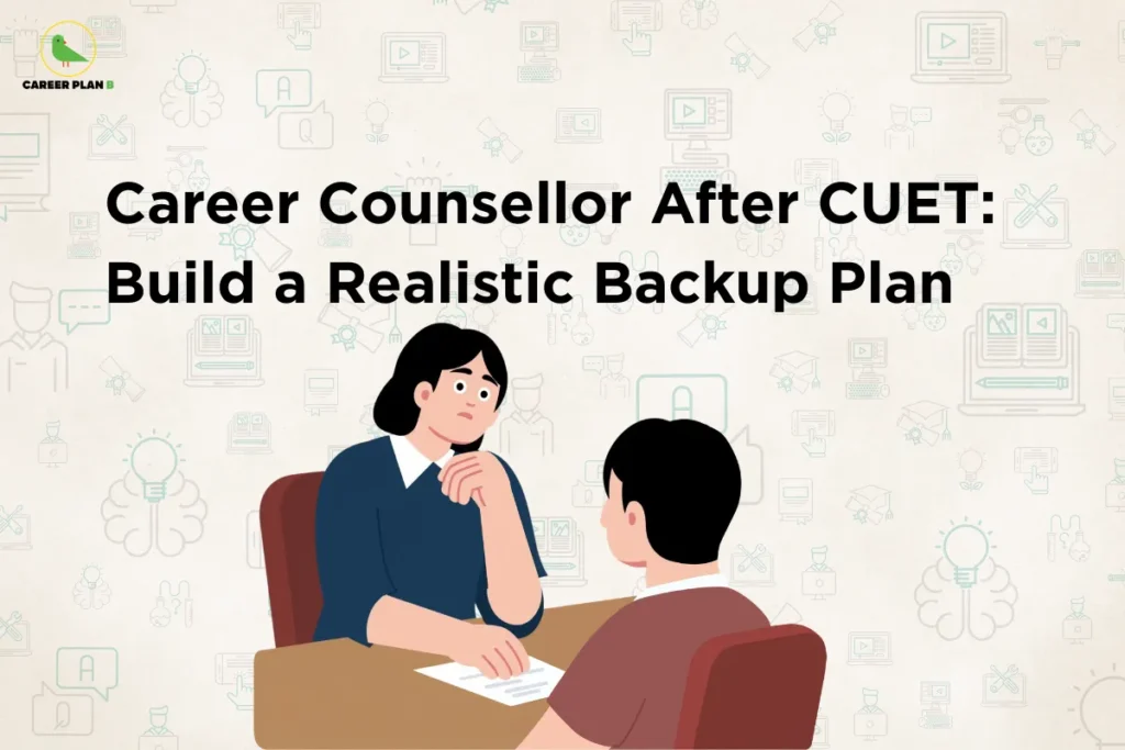 Student discussing future options with a career counsellor after CUET, planning a realistic backup plan with guidance on courses and career paths.
